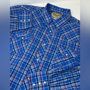 Wrangler Pearl Snap Shirt Mens Sz 2XL Blue Plaid Long Sleeve Y8